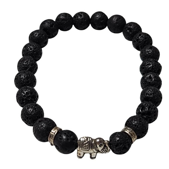 African Inspired Silver Tone Elephant Lava Stone Beaded Charm Bracelet Jewelry - Picture 1 of 4